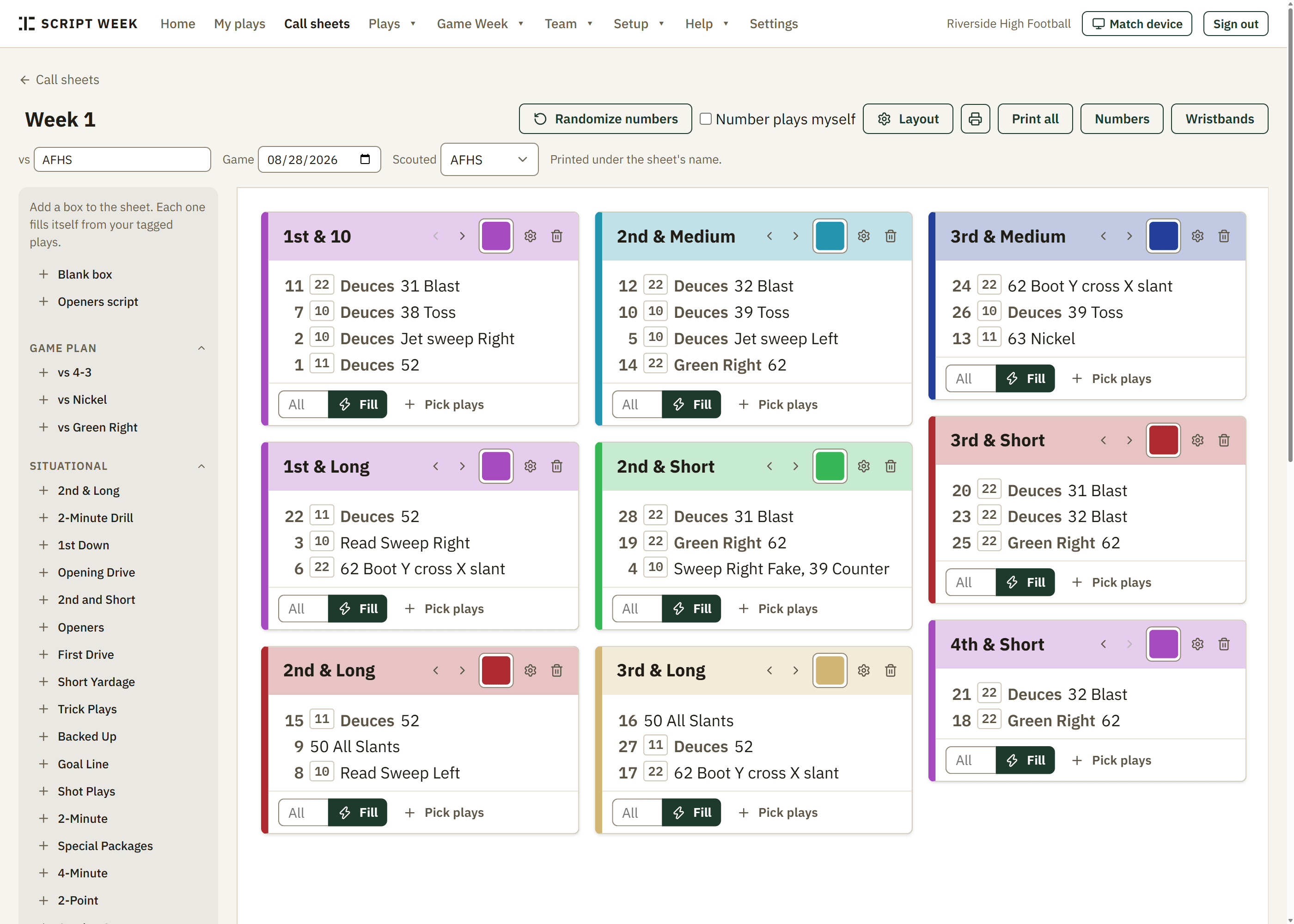 The call sheet editor: nine situation boxes filled with tagged plays, and a sidebar of situations to add.
