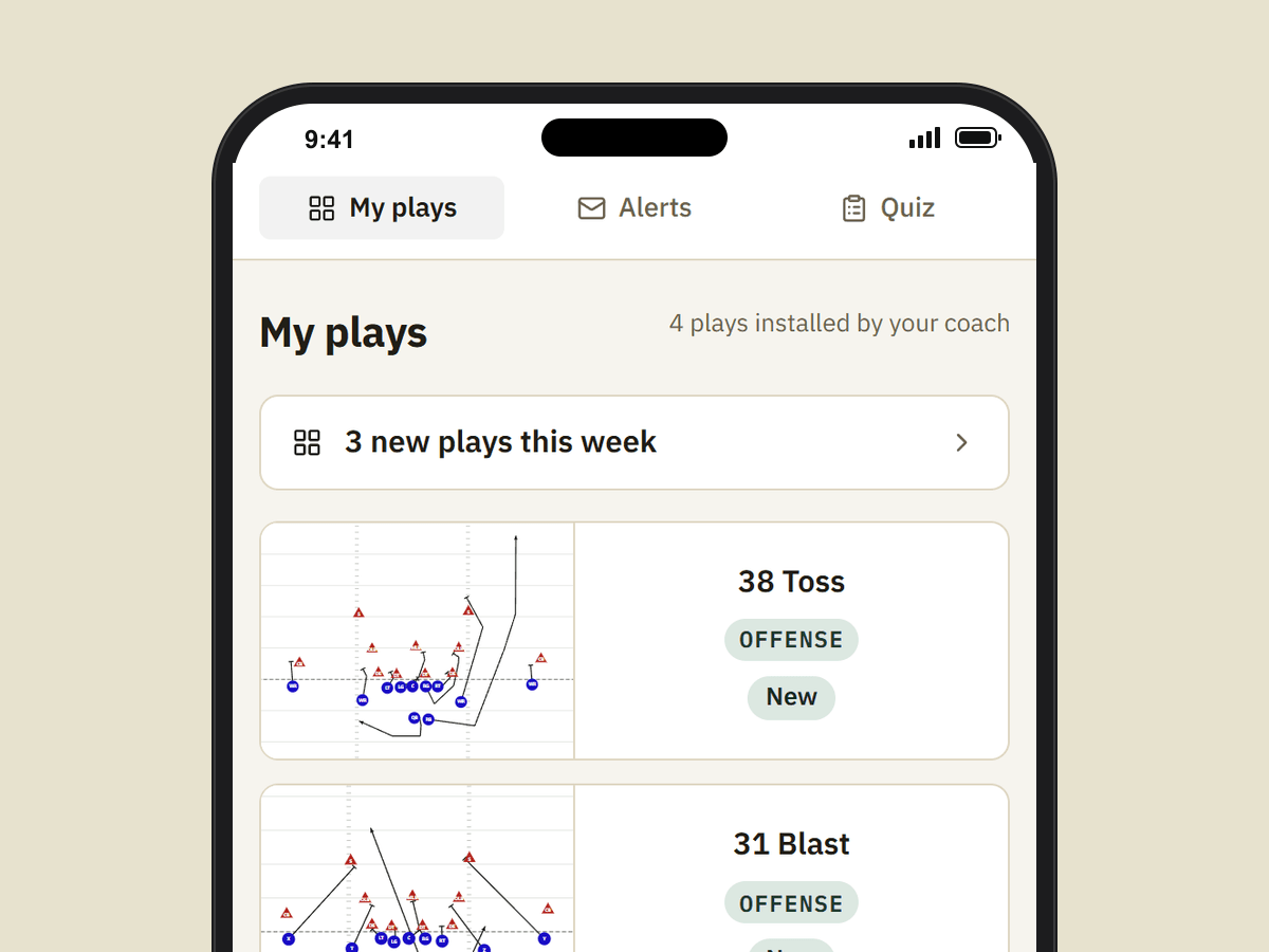 The player app on a phone: My plays, a 'new plays this week' banner, and an installed play with its diagram and a New badge.