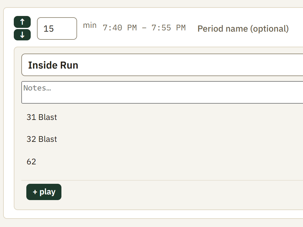 One period of a practice script: fifteen minutes of Inside Run, carrying the real plays scripted into it.