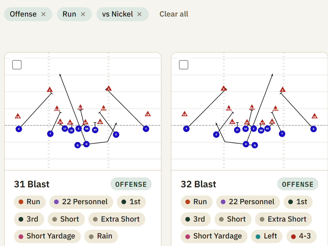The plays page filtered to Offense, Run, vs Nickel, showing two matching plays and the situational tags on each.