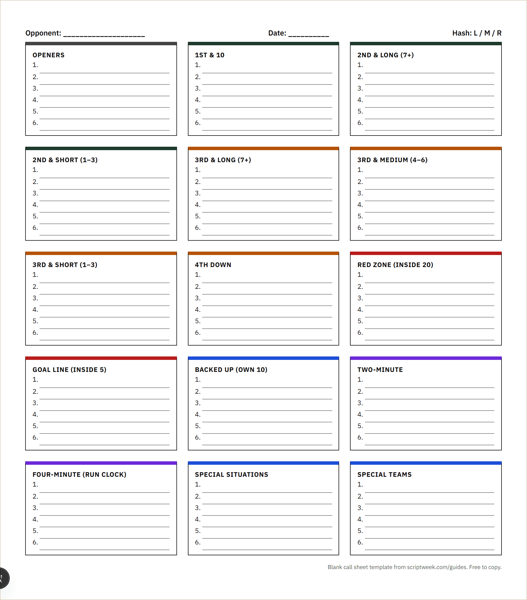 Preview of the free printable football call sheet template: fifteen color coded situation boxes on one letter page, each with six numbered lines for play calls.