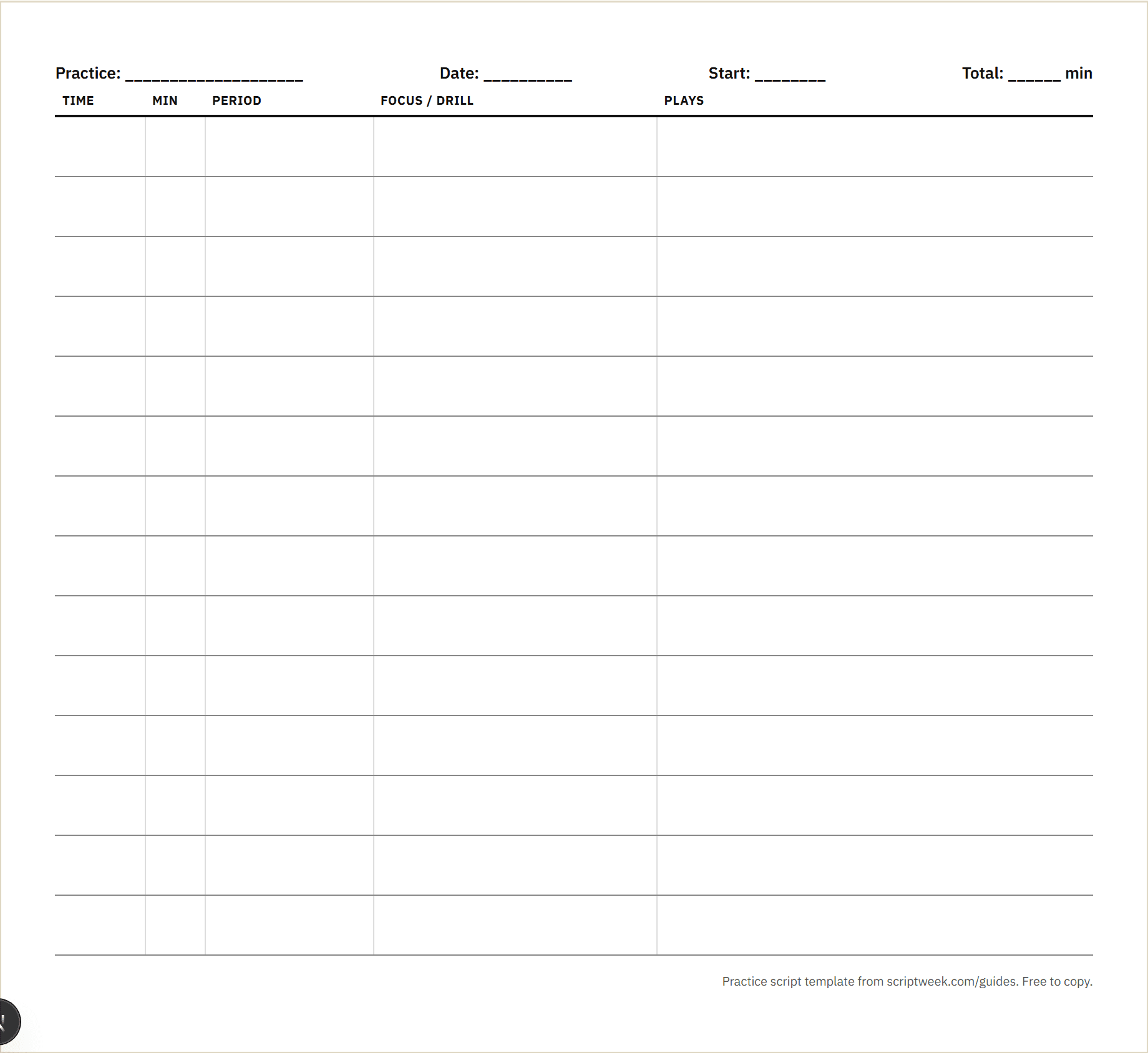 Preview of the free printable football practice script template: a letter page table with fourteen blank rows for time, minutes, period, focus or drill, and plays.