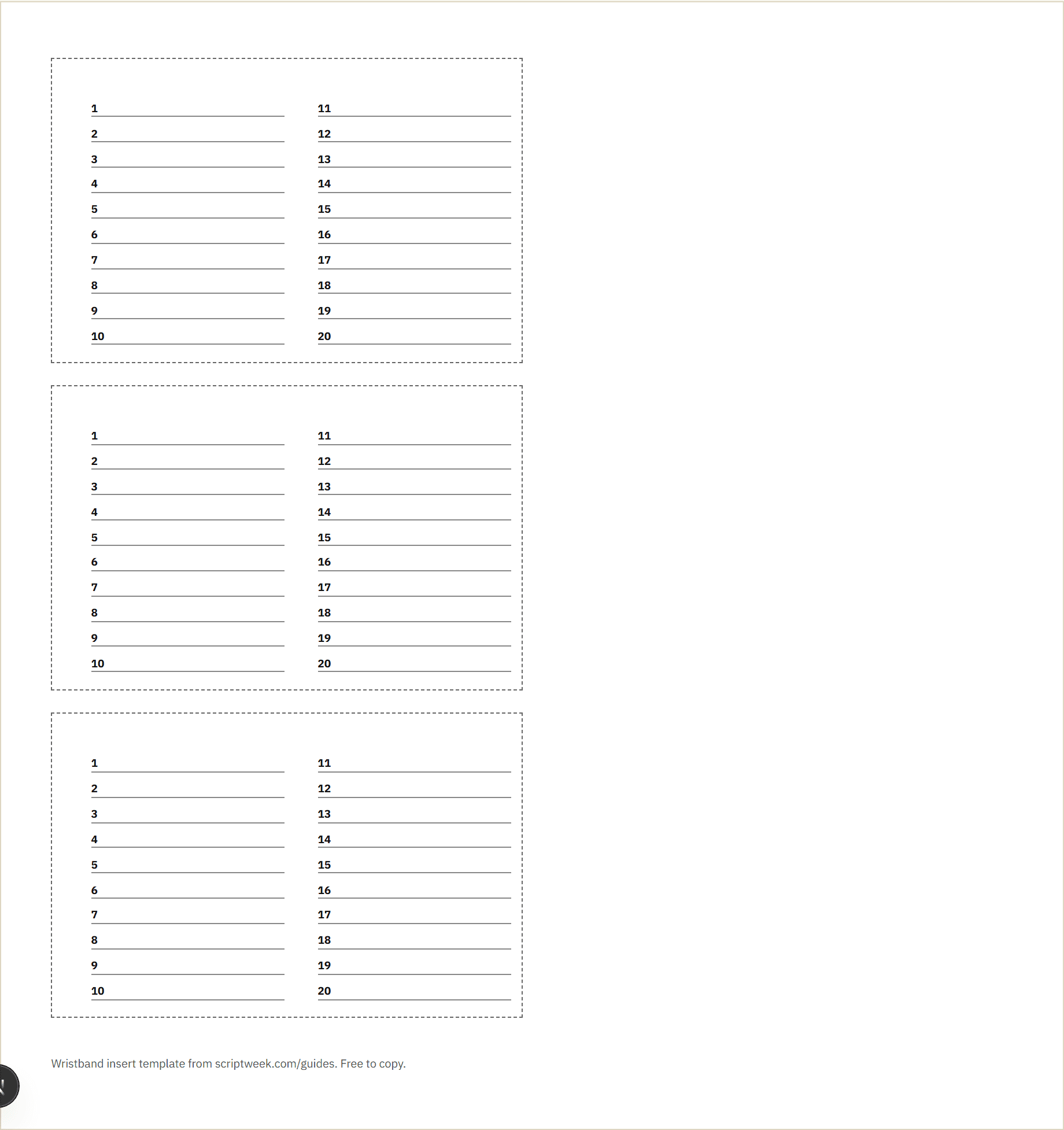 Preview of the free printable football wristband template: three blank 4.25 by 2.75 inch QB wristband inserts numbered 1 to 20 in two columns, with dashed cut lines.