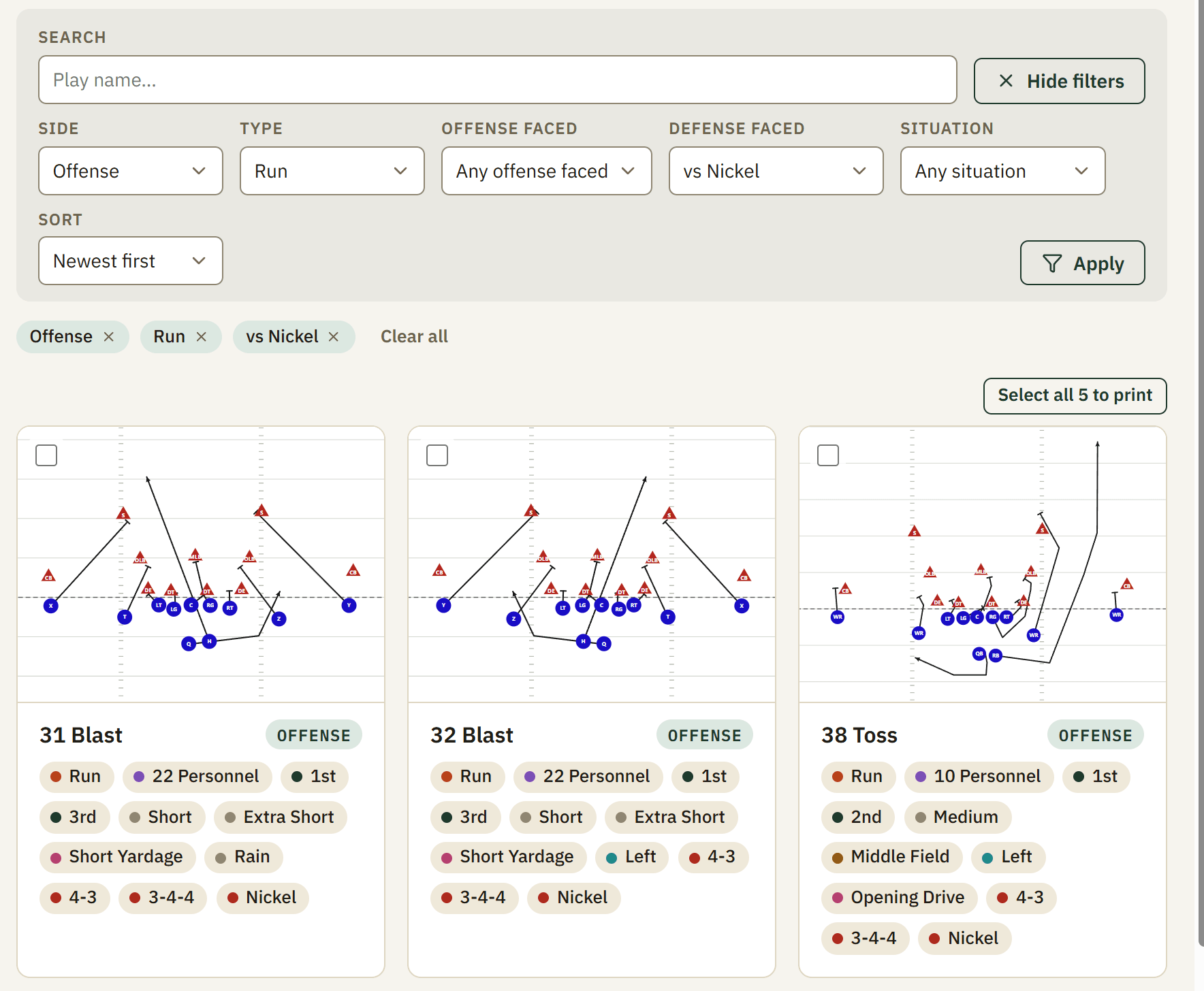 The plays page filtered to Offense, Run, vs Nickel, showing the matching plays with their situational tags.